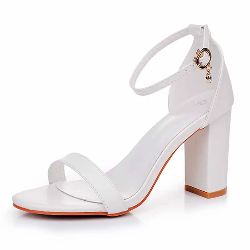 2.95" 3.74" White Ankle Strap Chunky Heels Summer Wedding Dress Shoes