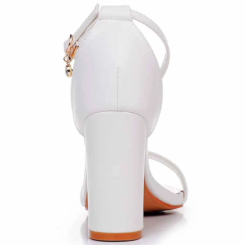 2.95" 3.74" White Ankle Strap Chunky Heels Summer Wedding Dress Shoes