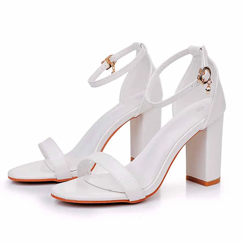 2.95" 3.74" White Ankle Strap Chunky Heels Summer Wedding Dress Shoes