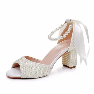 2.95" Chunky Lace Up Pearls Wedding Sandals Vintage Peep Toe Bridal Shoes