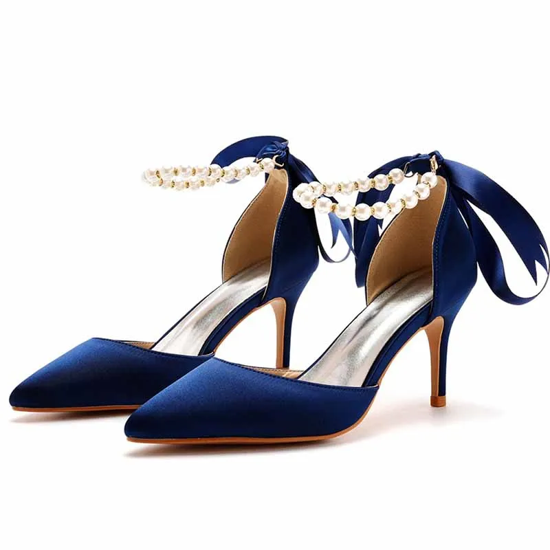 2.95" Satin Peals Ankle Strap Heels Lace-Up Prom Shoes Middle Heeled Pumps