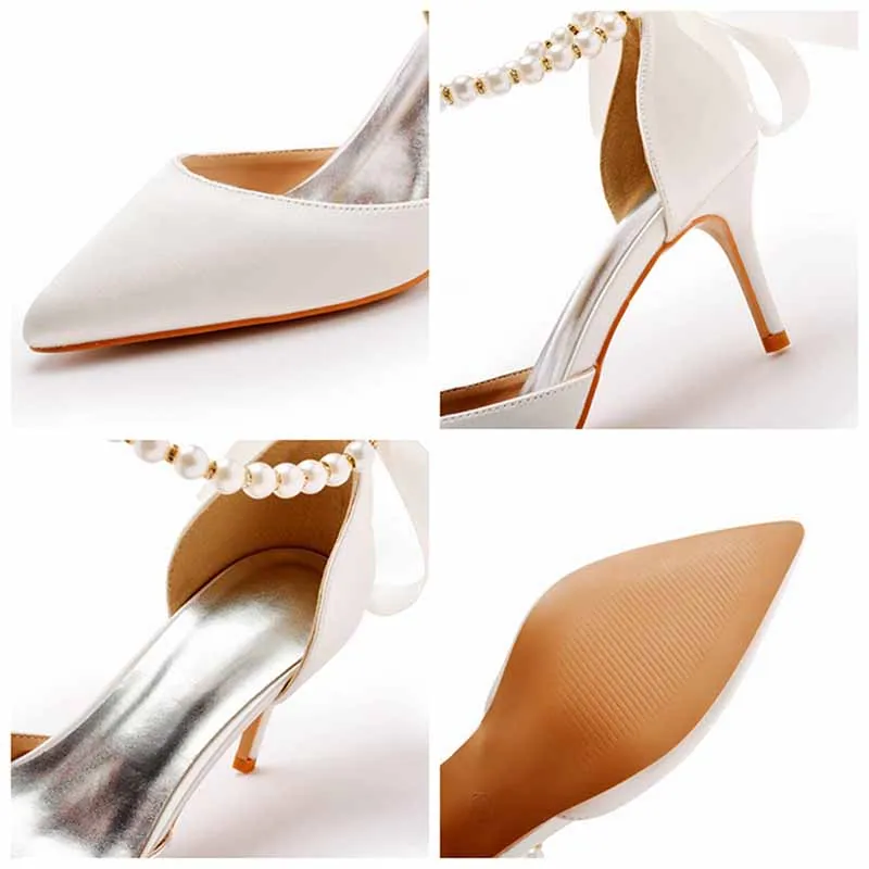 2.95" Satin Peals Ankle Strap Heels Lace-Up Prom Shoes Middle Heeled Pumps