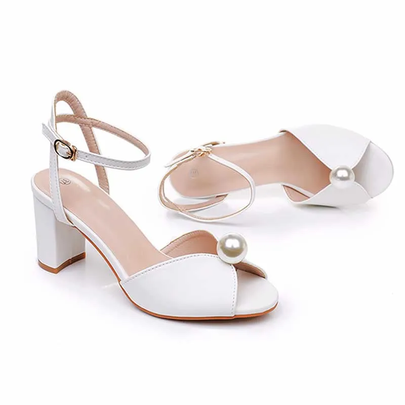 2.95" White Chunky Wedding Sandals Vintage Peep Toe Block Heeled Bridal Shoes