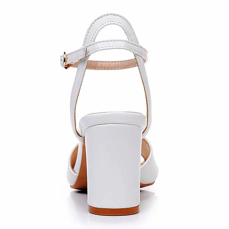 2.95" White Chunky Wedding Sandals Vintage Peep Toe Block Heeled Bridal Shoes