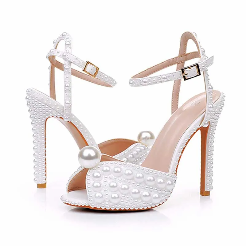 4.41" Pearl Wedding Sandals Vintage Peep Toe Stiletto Heeled Shoes