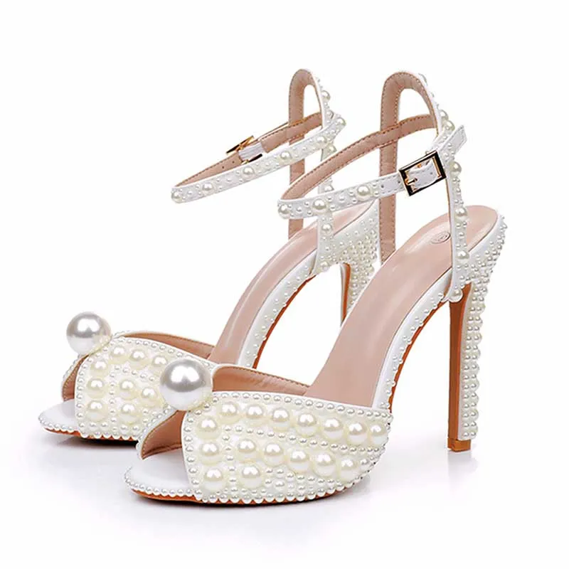 4.41" Pearl Wedding Sandals Vintage Peep Toe Stiletto Heeled Shoes