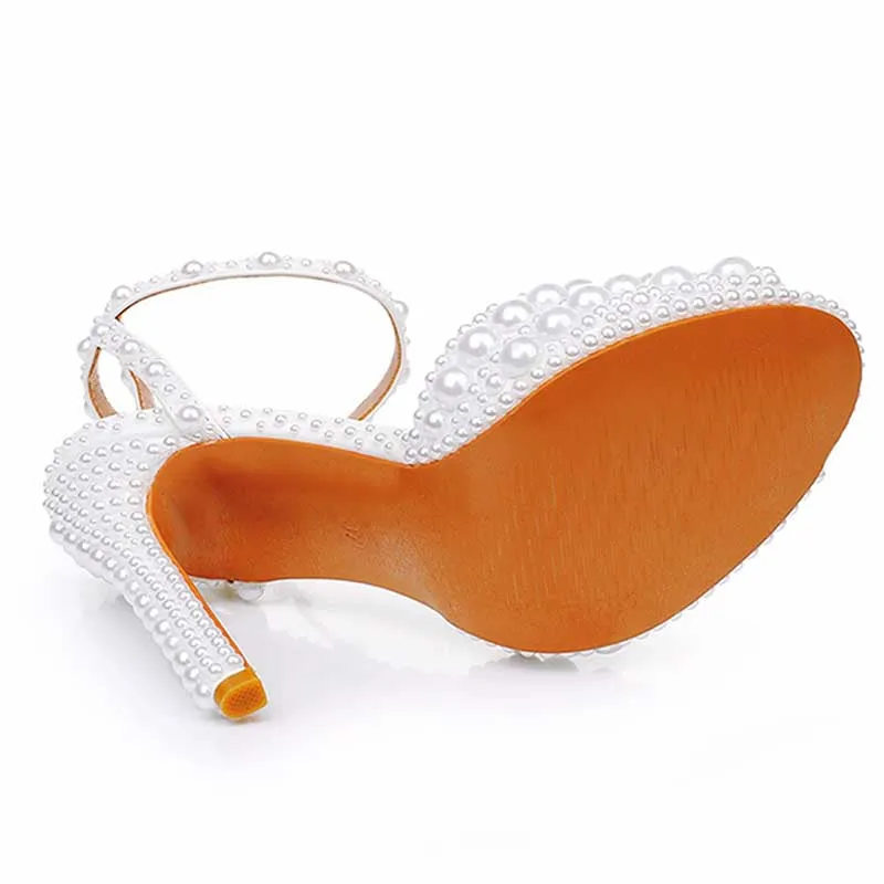 4.41" Pearl Wedding Sandals Vintage Peep Toe Stiletto Heeled Shoes