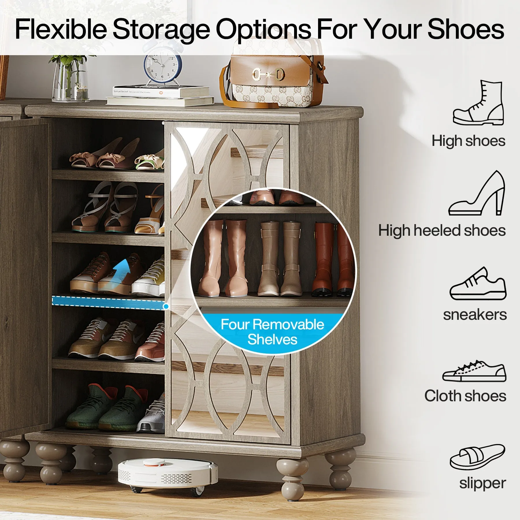 5-Tier Mirror Shoe Cabinet, Large Shoe Storage Organizer With Doors