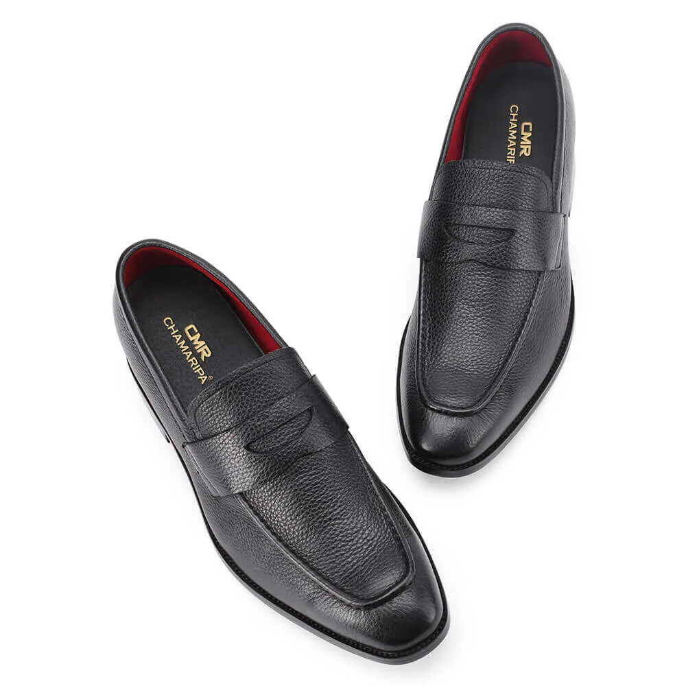 7 CM / 2.76 Inches Taller - CMR CHAMARIPA Loafer Shoes That Add Height - Grain Penny Loafer - Black