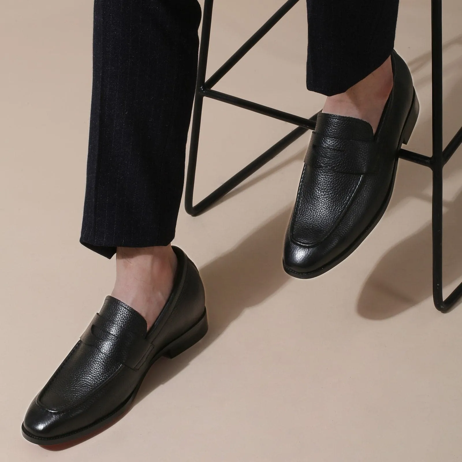 7 CM / 2.76 Inches Taller - CMR CHAMARIPA Loafer Shoes That Add Height - Grain Penny Loafer - Black