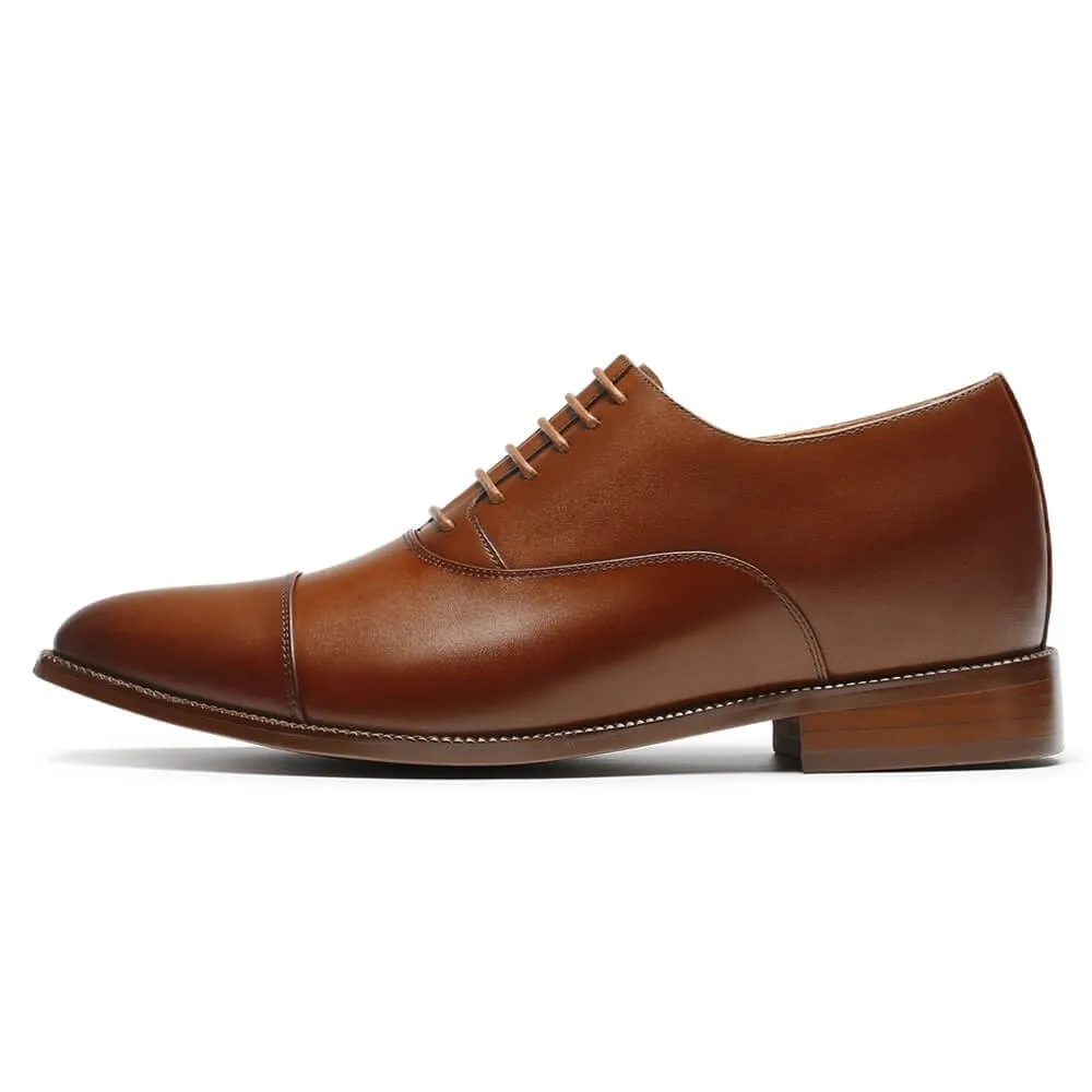 8 CM/3.15 Inches Men's CMR CHAMARIPA Brown Cowhide Leather Elevator Dress Shoes - Height-Increasing Oxford Style