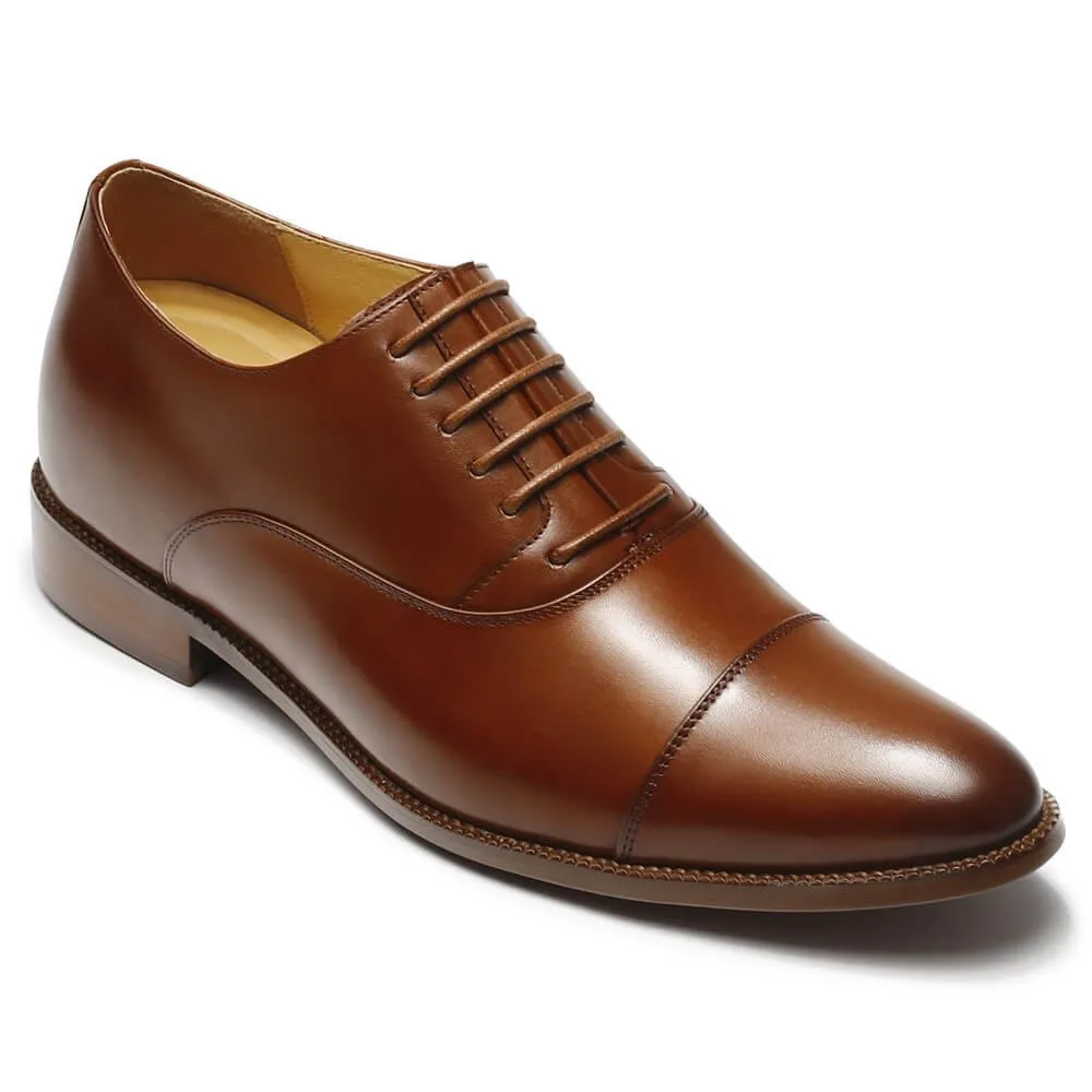 8 CM/3.15 Inches Men's CMR CHAMARIPA Brown Cowhide Leather Elevator Dress Shoes - Height-Increasing Oxford Style