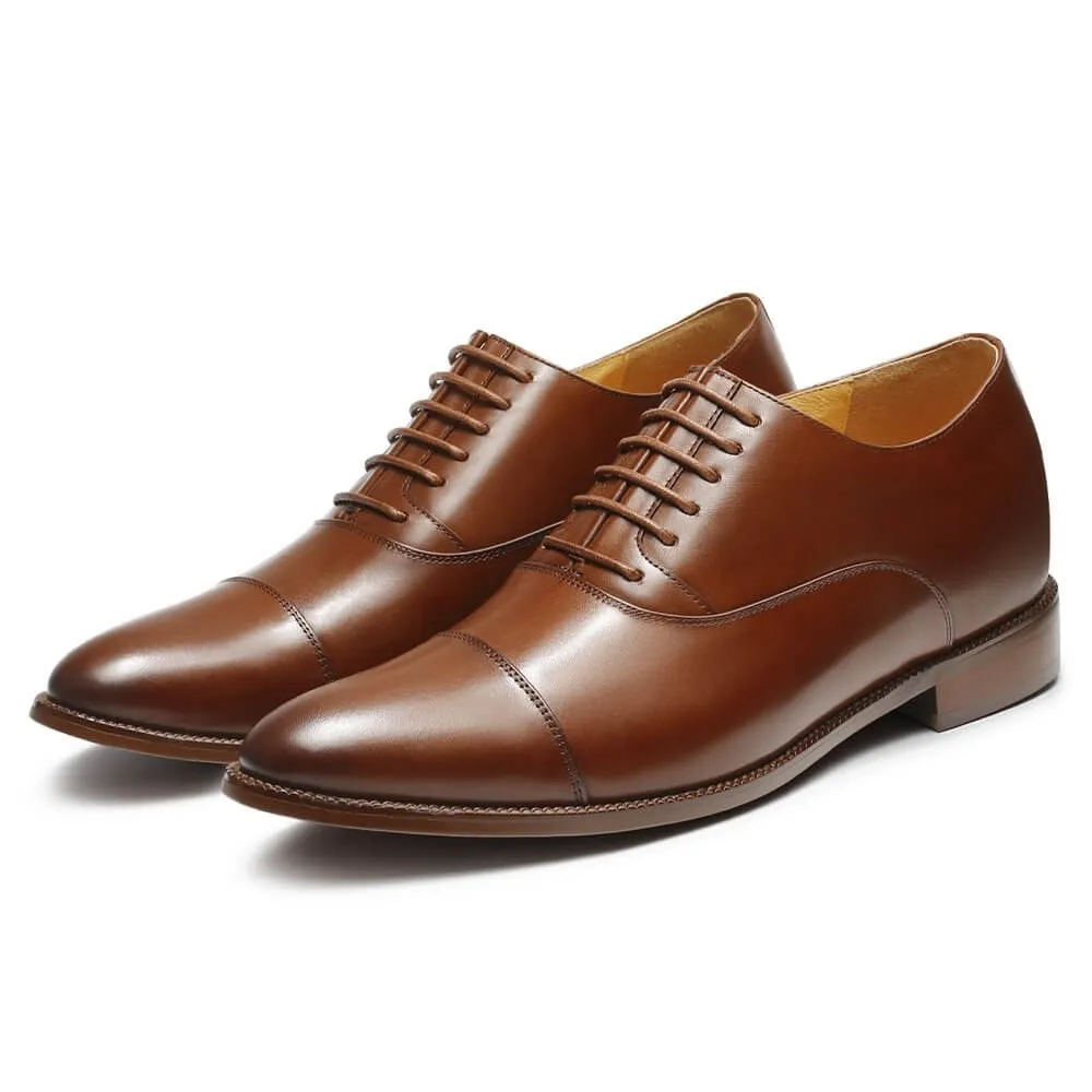 8 CM/3.15 Inches Men's CMR CHAMARIPA Brown Cowhide Leather Elevator Dress Shoes - Height-Increasing Oxford Style