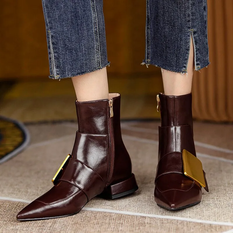 All-leather  New Short Boots First Layer Cowhide Pointed Toe Metal Buckle Temperament Nude Boots Retro Fashion Short Boots