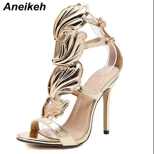 ANEIKEH Patent Leather Buckle Strap Round Toe Thin Heel Shoes