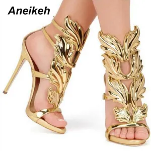 ANEIKEH Patent Leather Buckle Strap Round Toe Thin Heel Shoes