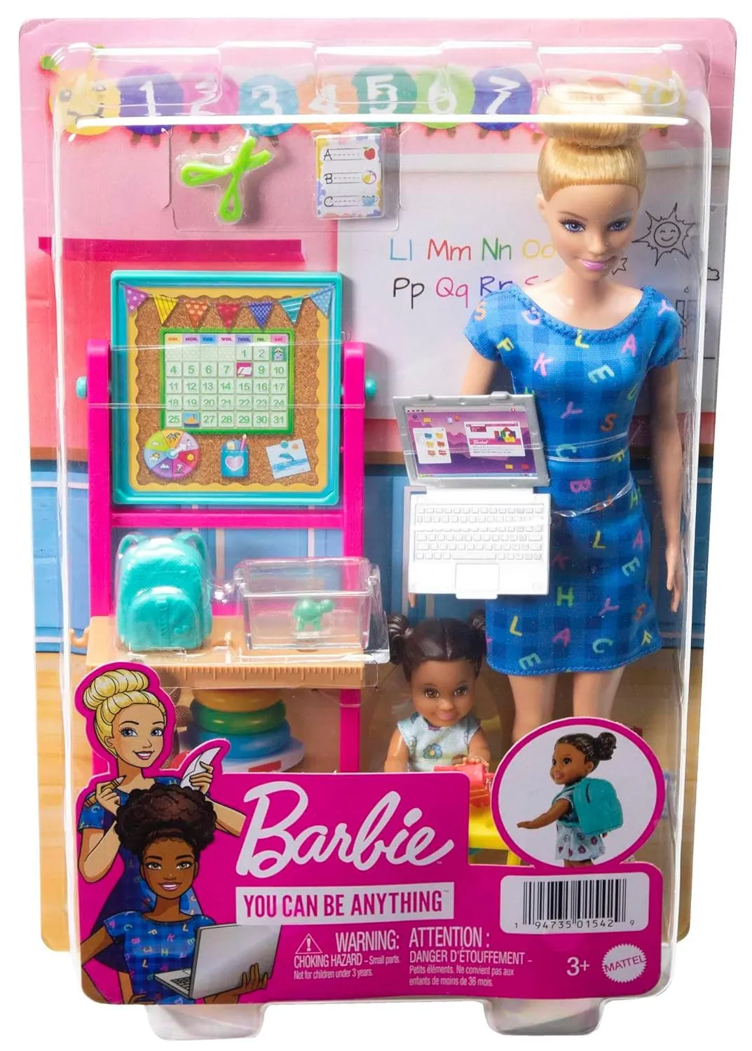 Barbie Blonde Hair Teacher Doll with Toddler Doll, Flip Board, Laptop, Backpack, Toddler Desk, Pet Turtle, Great Gift for Ages 3 Years Old & Up