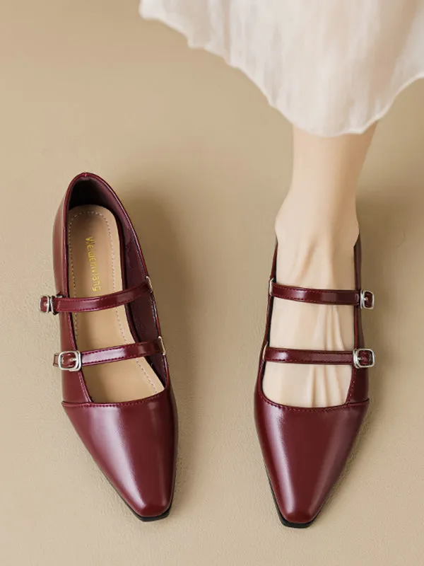 Belt Buckle Pointed-Toe Split-Joint Mary Janes Flat Shoes