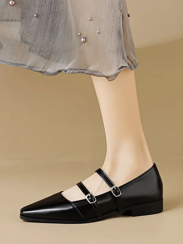 Belt Buckle Pointed-Toe Split-Joint Mary Janes Flat Shoes