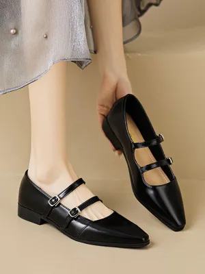 Belt Buckle Pointed-Toe Split-Joint Mary Janes Flat Shoes