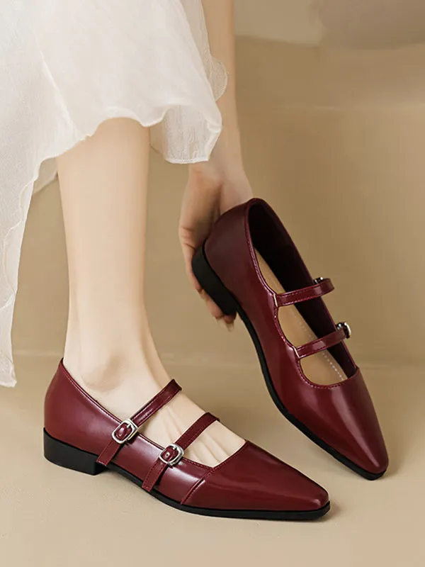 Belt Buckle Pointed-Toe Split-Joint Mary Janes Flat Shoes