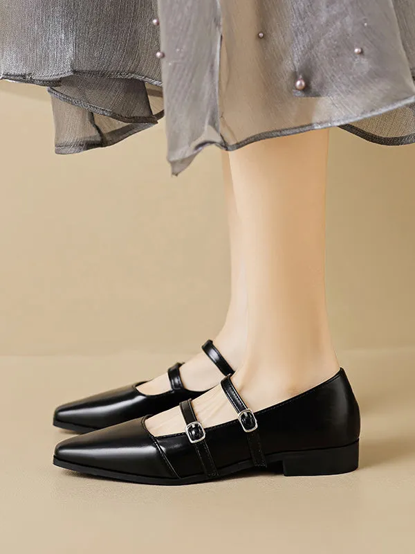 Belt Buckle Pointed-Toe Split-Joint Mary Janes Flat Shoes