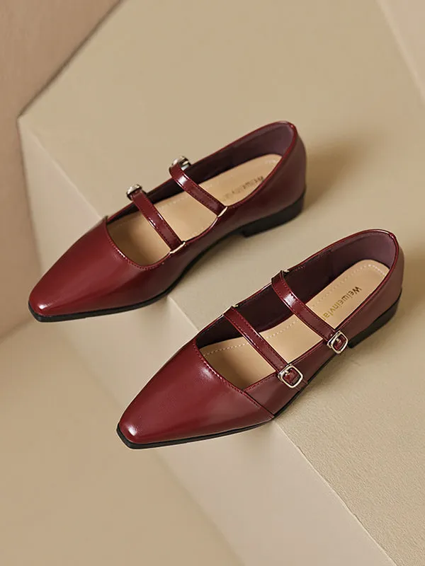 Belt Buckle Pointed-Toe Split-Joint Mary Janes Flat Shoes