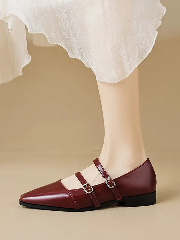 Belt Buckle Pointed-Toe Split-Joint Mary Janes Flat Shoes