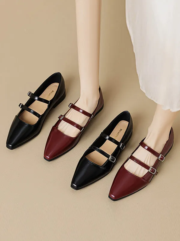 Belt Buckle Pointed-Toe Split-Joint Mary Janes Flat Shoes