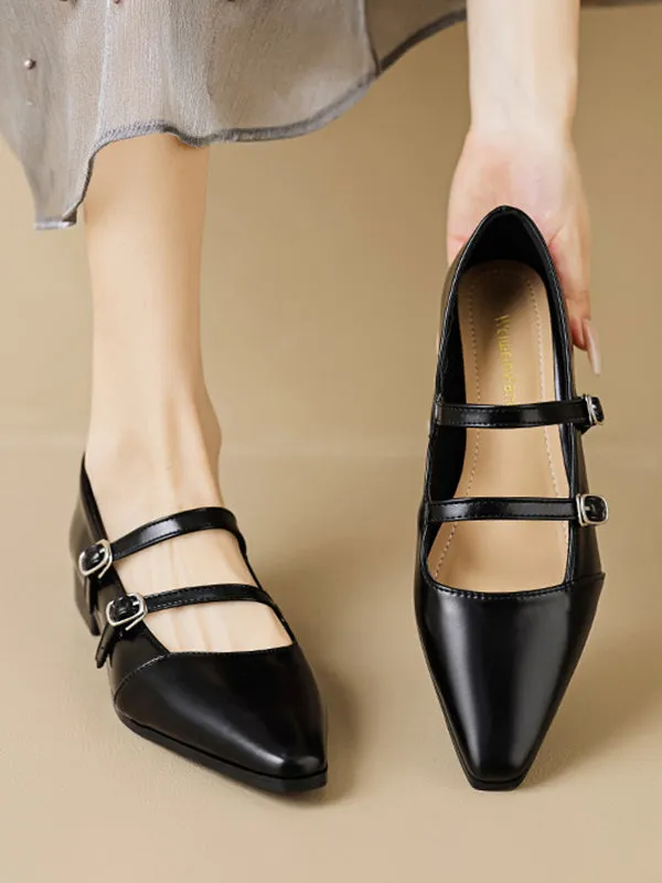 Belt Buckle Pointed-Toe Split-Joint Mary Janes Flat Shoes