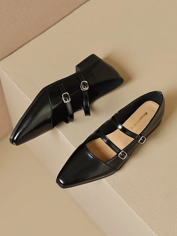 Belt Buckle Pointed-Toe Split-Joint Mary Janes Flat Shoes