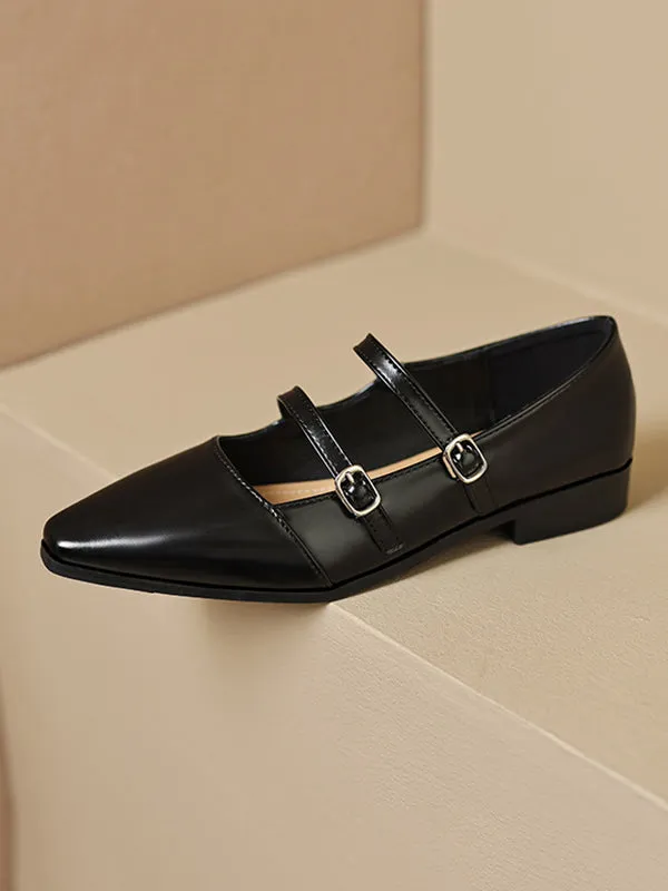 Belt Buckle Pointed-Toe Split-Joint Mary Janes Flat Shoes