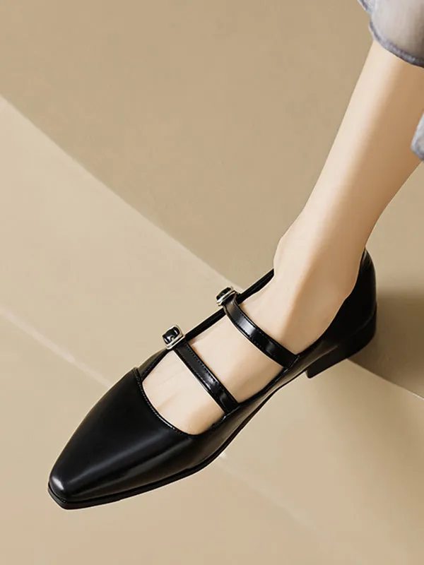 Belt Buckle Pointed-Toe Split-Joint Mary Janes Flat Shoes