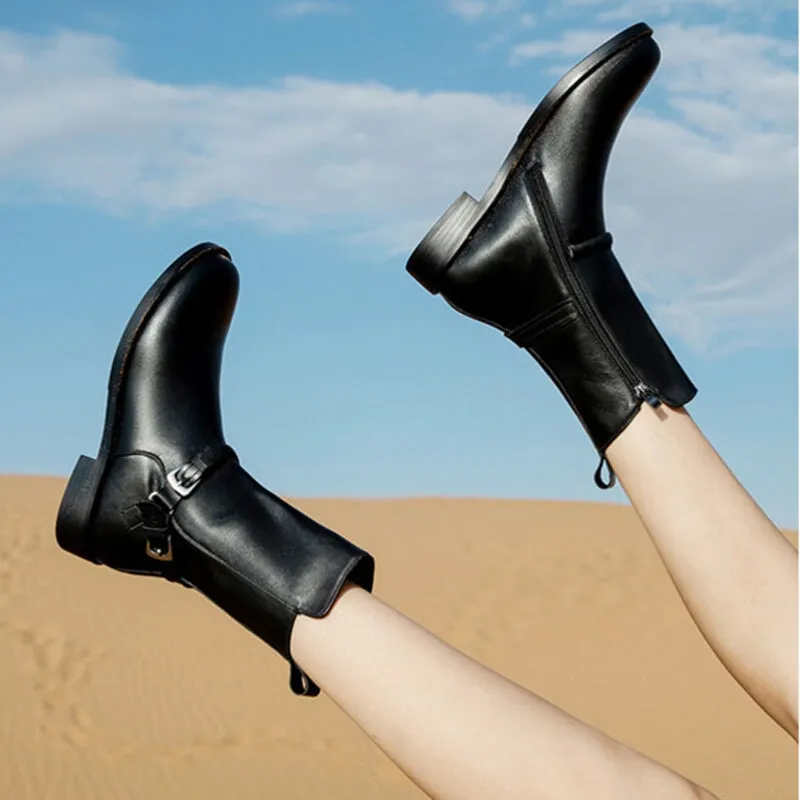 Belted Western Boots Low Heel Soft Leather Short Boots in Black