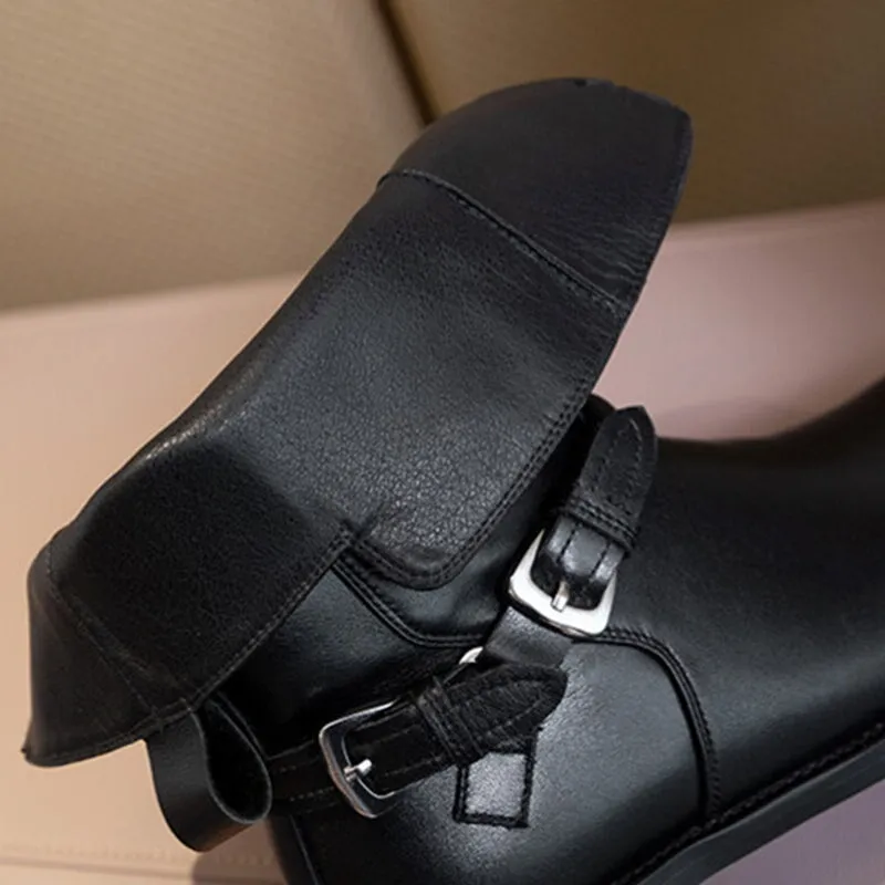 Belted Western Boots Low Heel Soft Leather Short Boots in Black