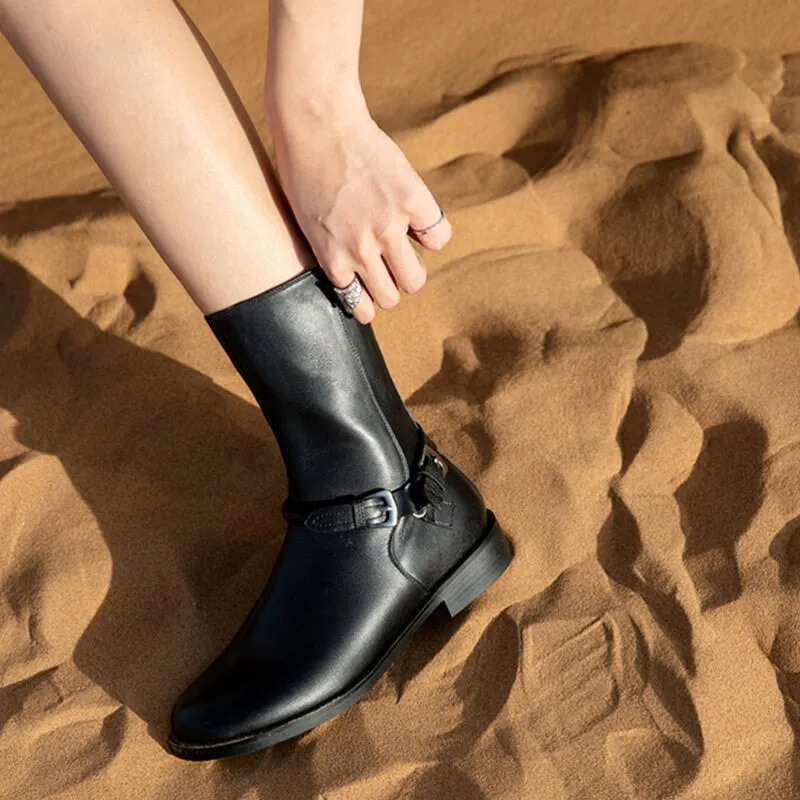 Belted Western Boots Low Heel Soft Leather Short Boots in Black