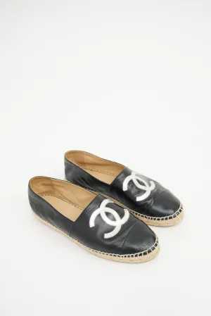 Black & Silver Leather CC Logo Espadrille