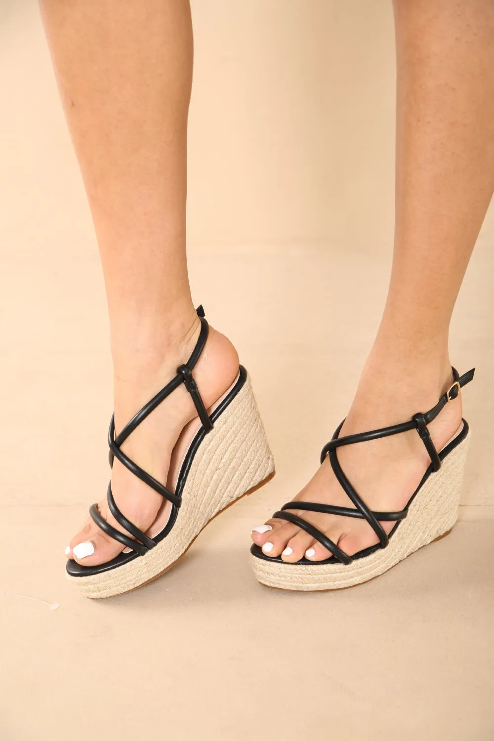 Black PU Strappy Sling Back Raffia Wedge Sandals