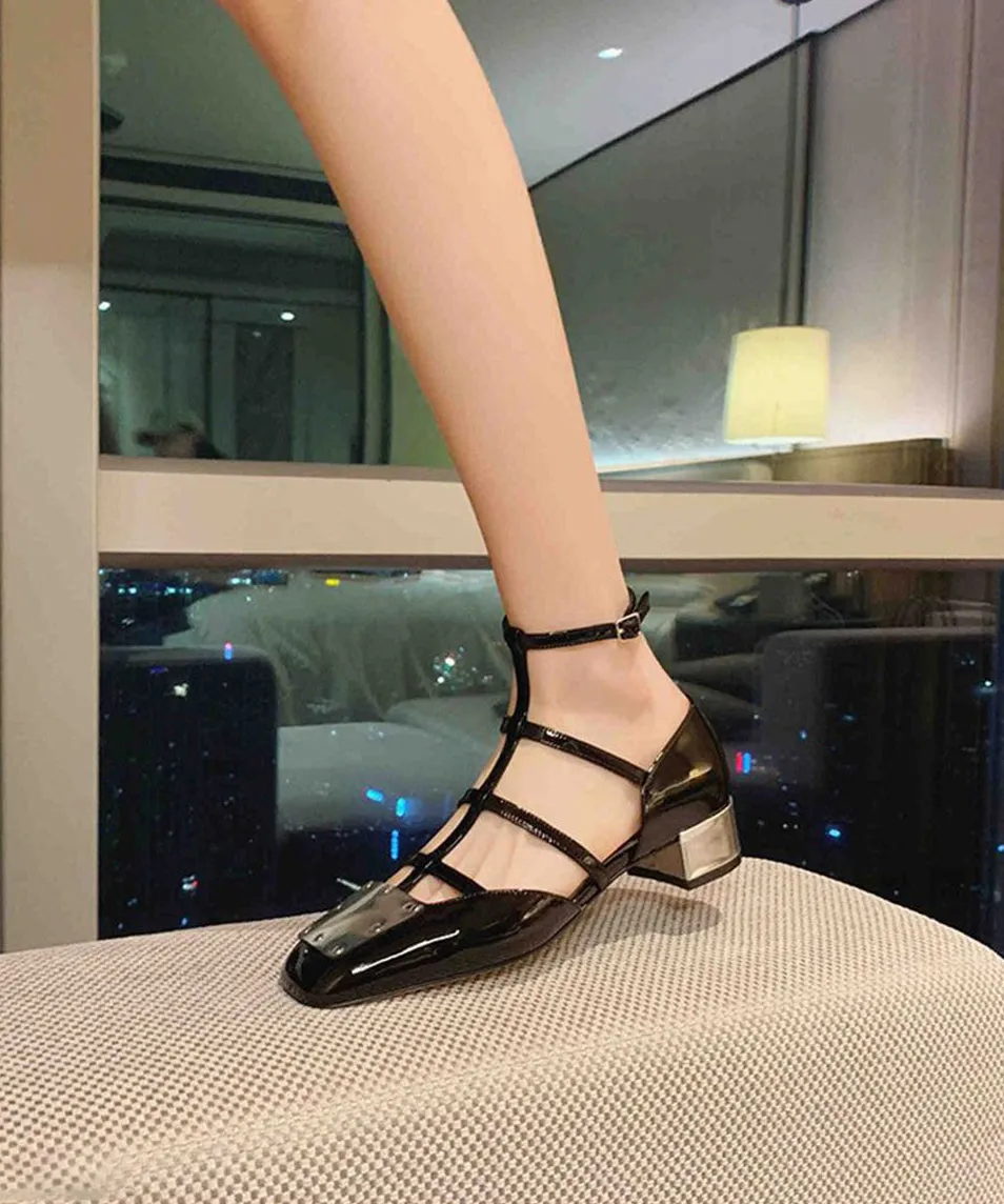 Black Sandals Chunky Cowhide Leather Comfy Sandals LY4404