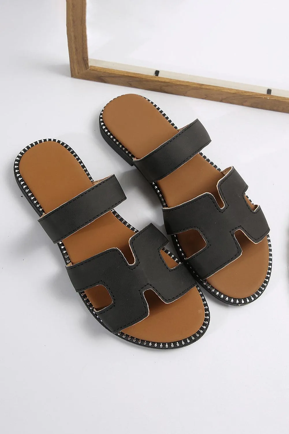 Brown Leather H Band Flat Slides Shoes