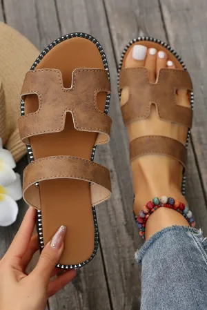 Brown Leather H Band Flat Slides Shoes