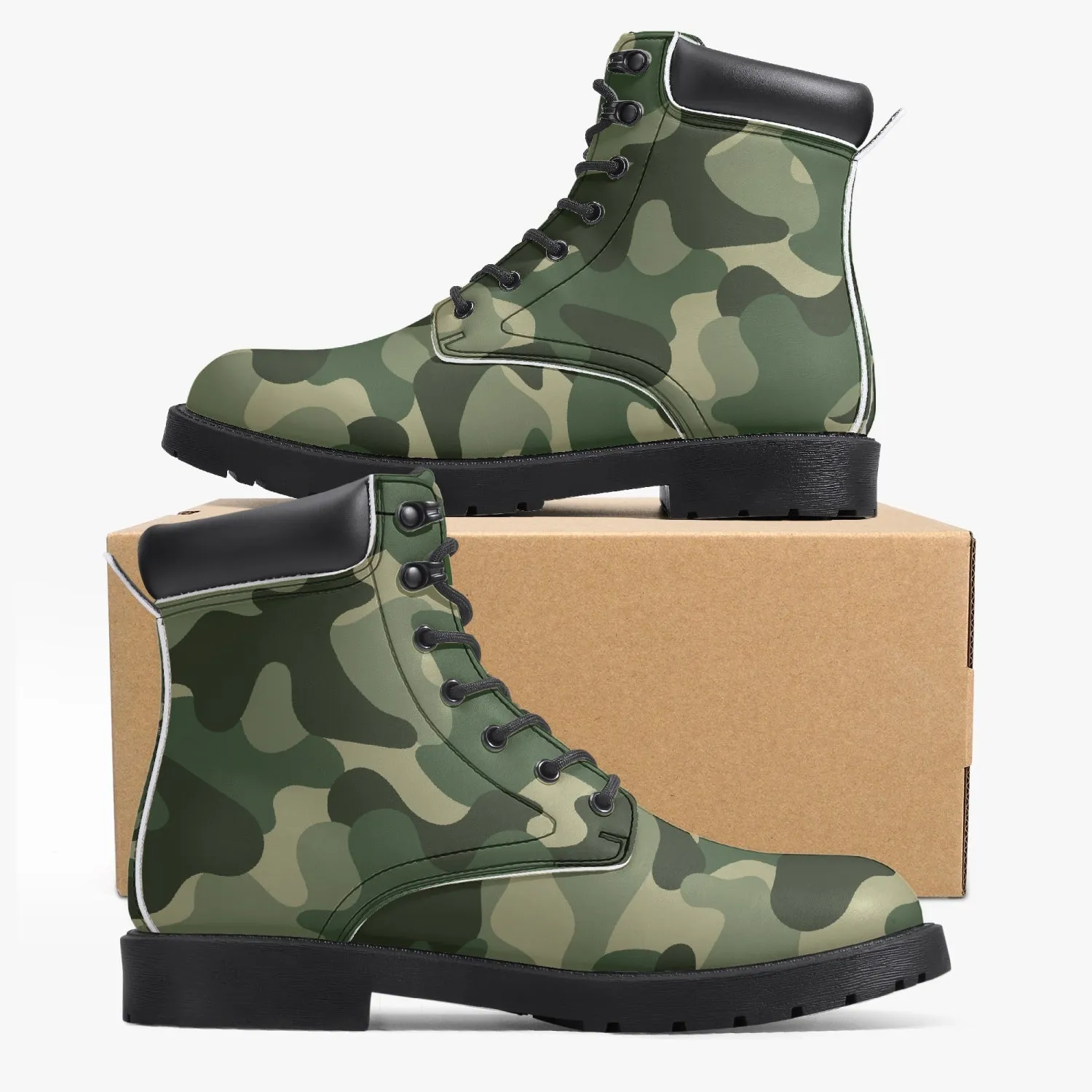 Camouflage Leather Boots, Green Army Camo Lace Up Shoes Hiking Walking Women Men Black Ankle Work Winter Casual Custom