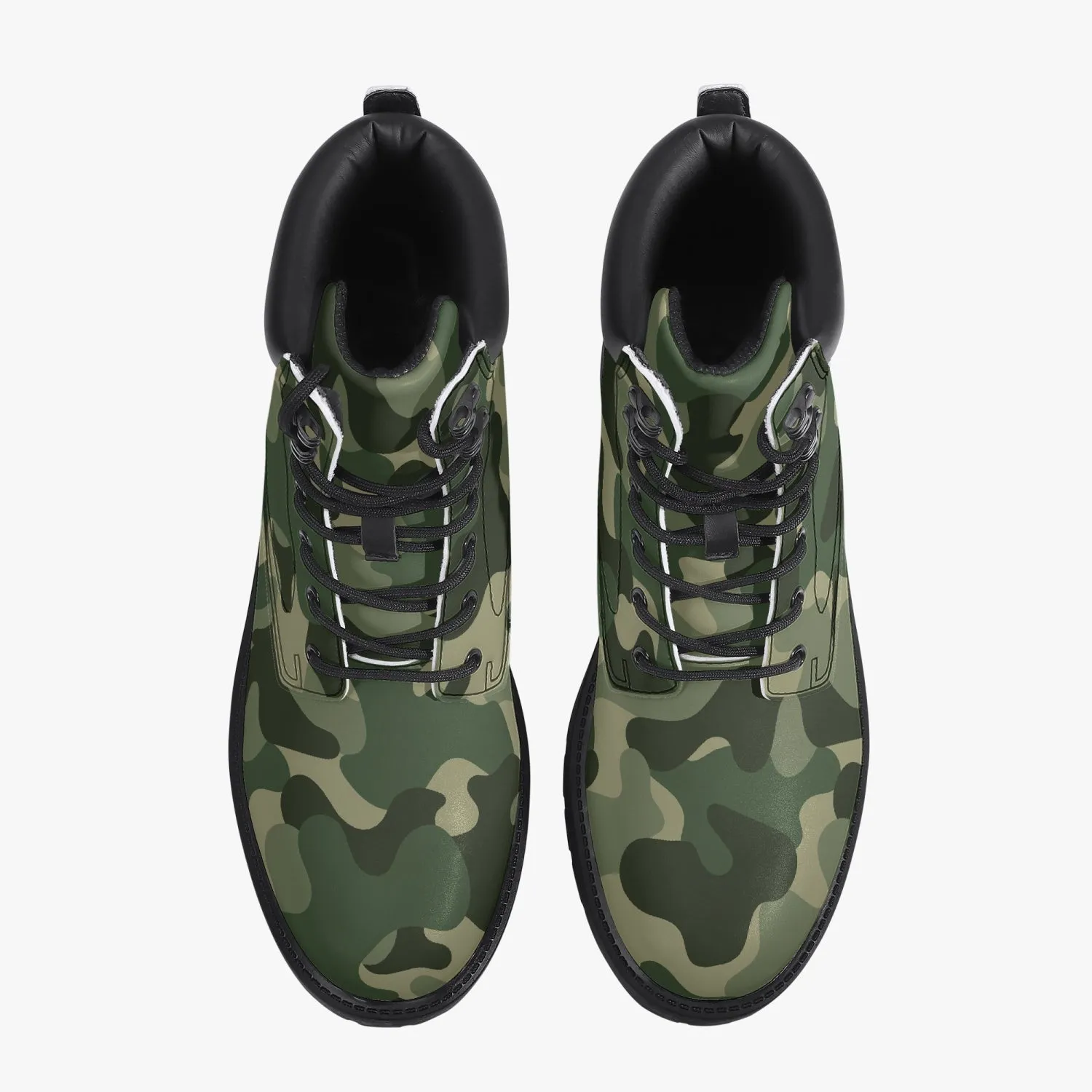 Camouflage Leather Boots, Green Army Camo Lace Up Shoes Hiking Walking Women Men Black Ankle Work Winter Casual Custom