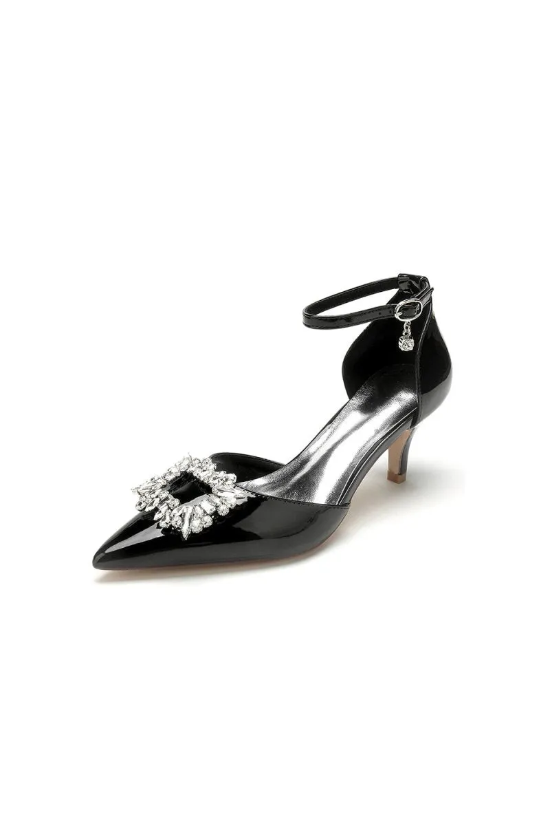 Chic Pointed-Toe Black High Heels with Silver Metal Strap and Crystal Embellishment