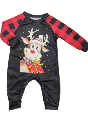 Deer Cartoon Printed Festival New Checkered Christmas Day Set, Dad, Children And Parent Child Set