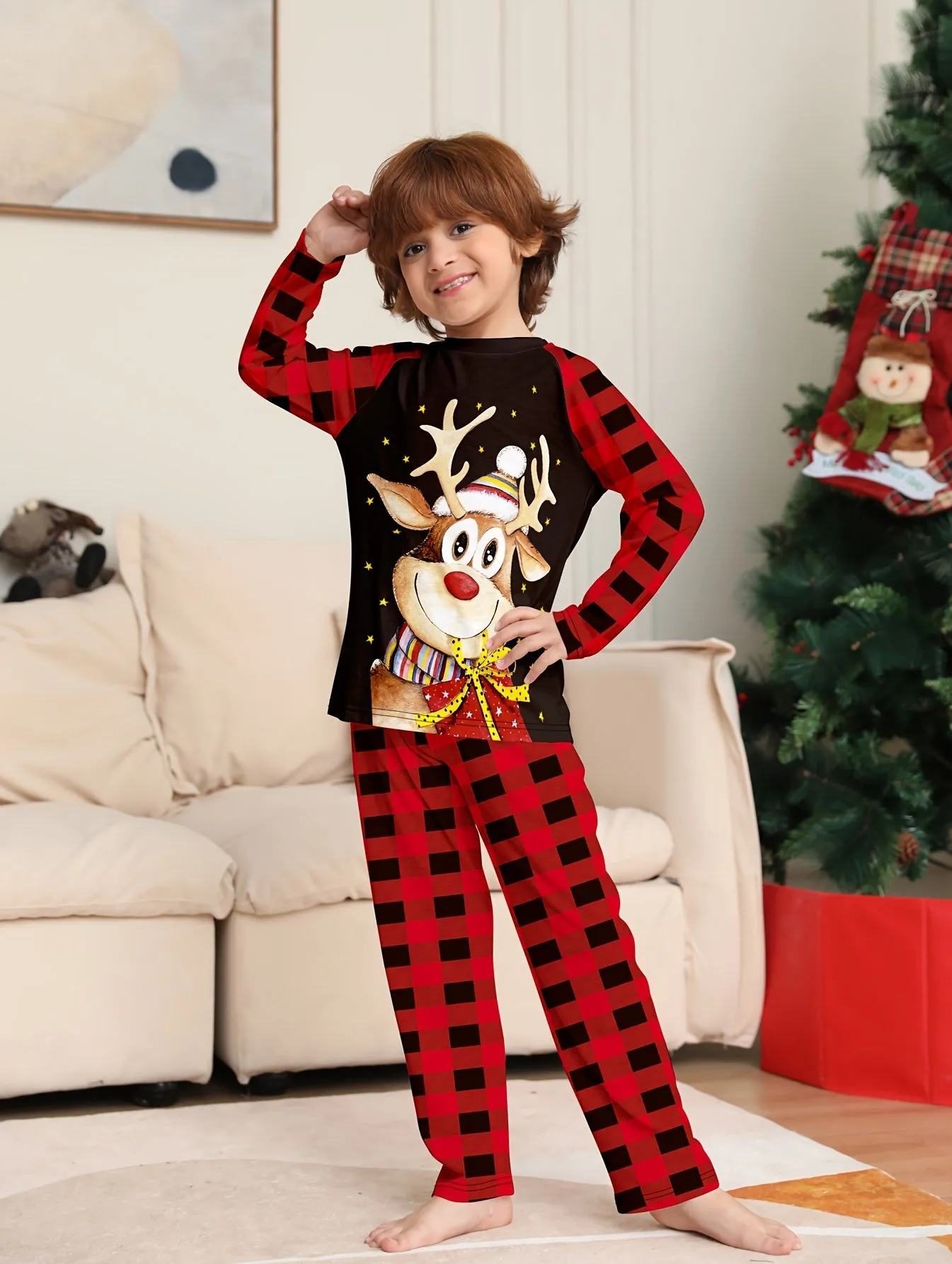 Deer Cartoon Printed Festival New Checkered Christmas Day Set, Dad, Children And Parent Child Set