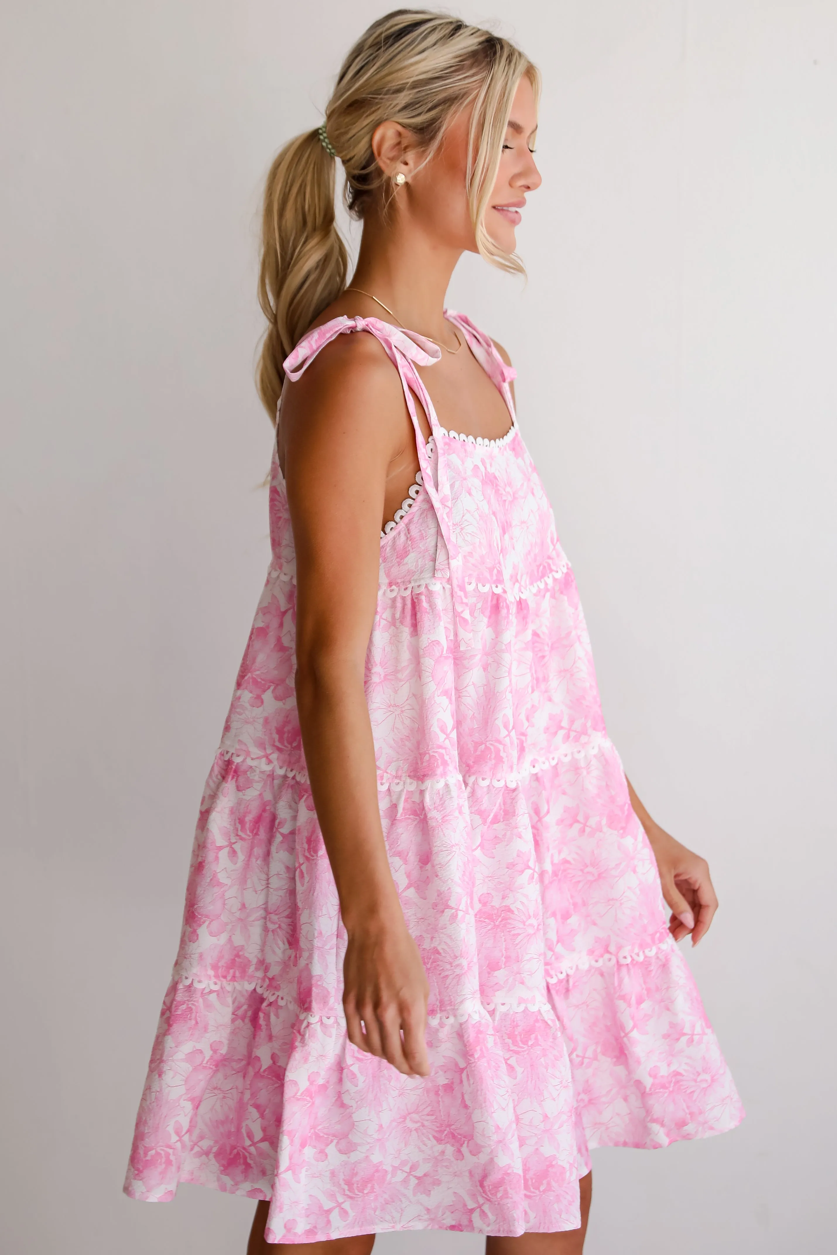 Delicate Addition Pink Floral Tiered Mini Dress