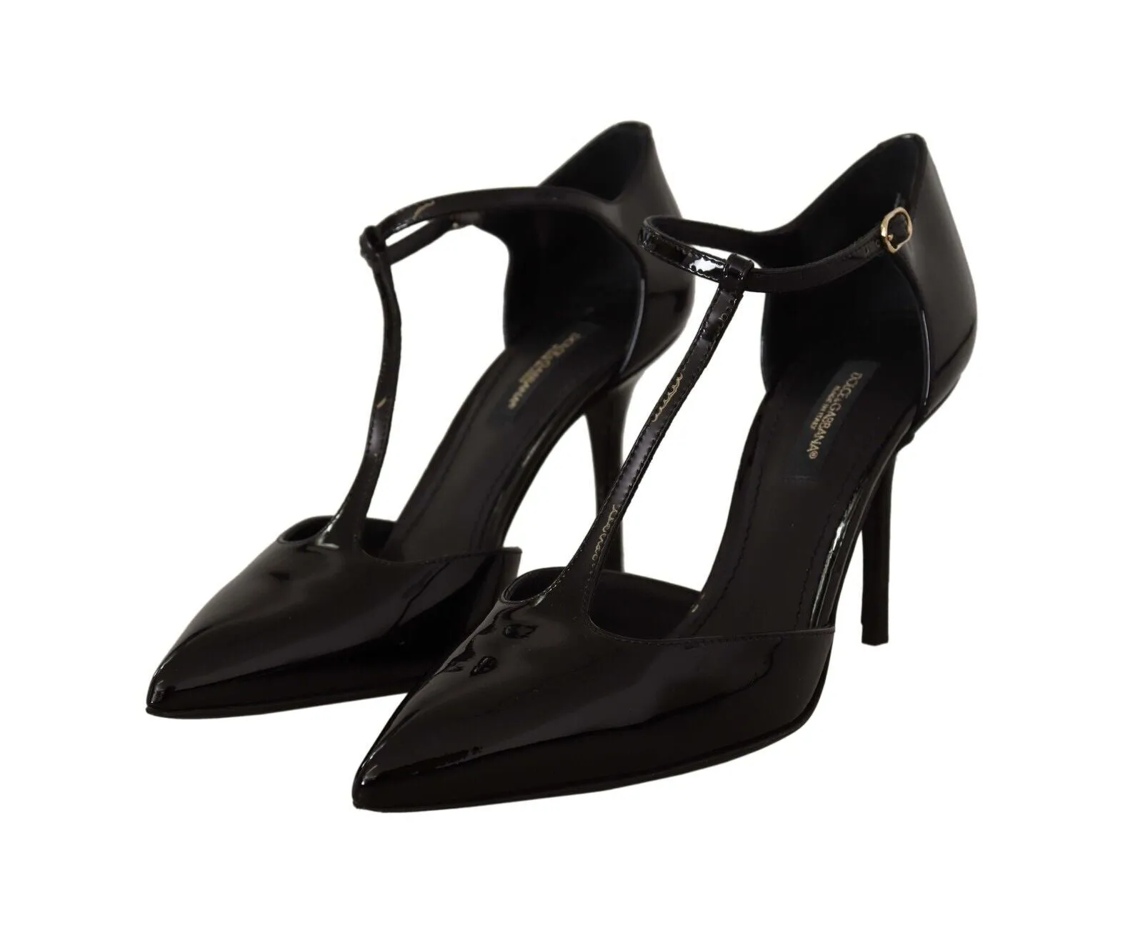 Dolce & Gabbana Black Patent Leather T-Strap Heels Sandals Shoes