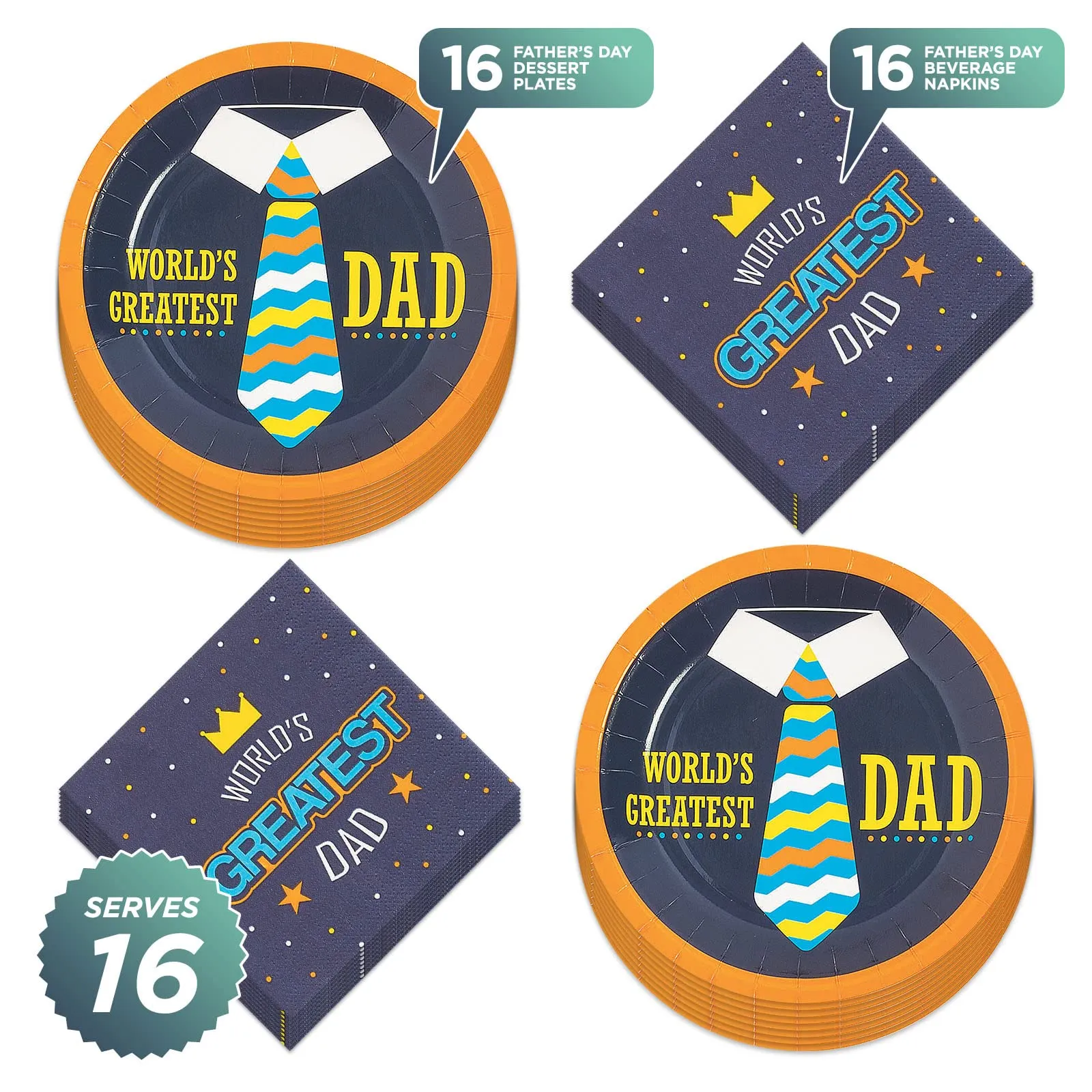 Father's Day Party Best Dad Paper Dessert Plates and Beverage Napkins (Serves 16)