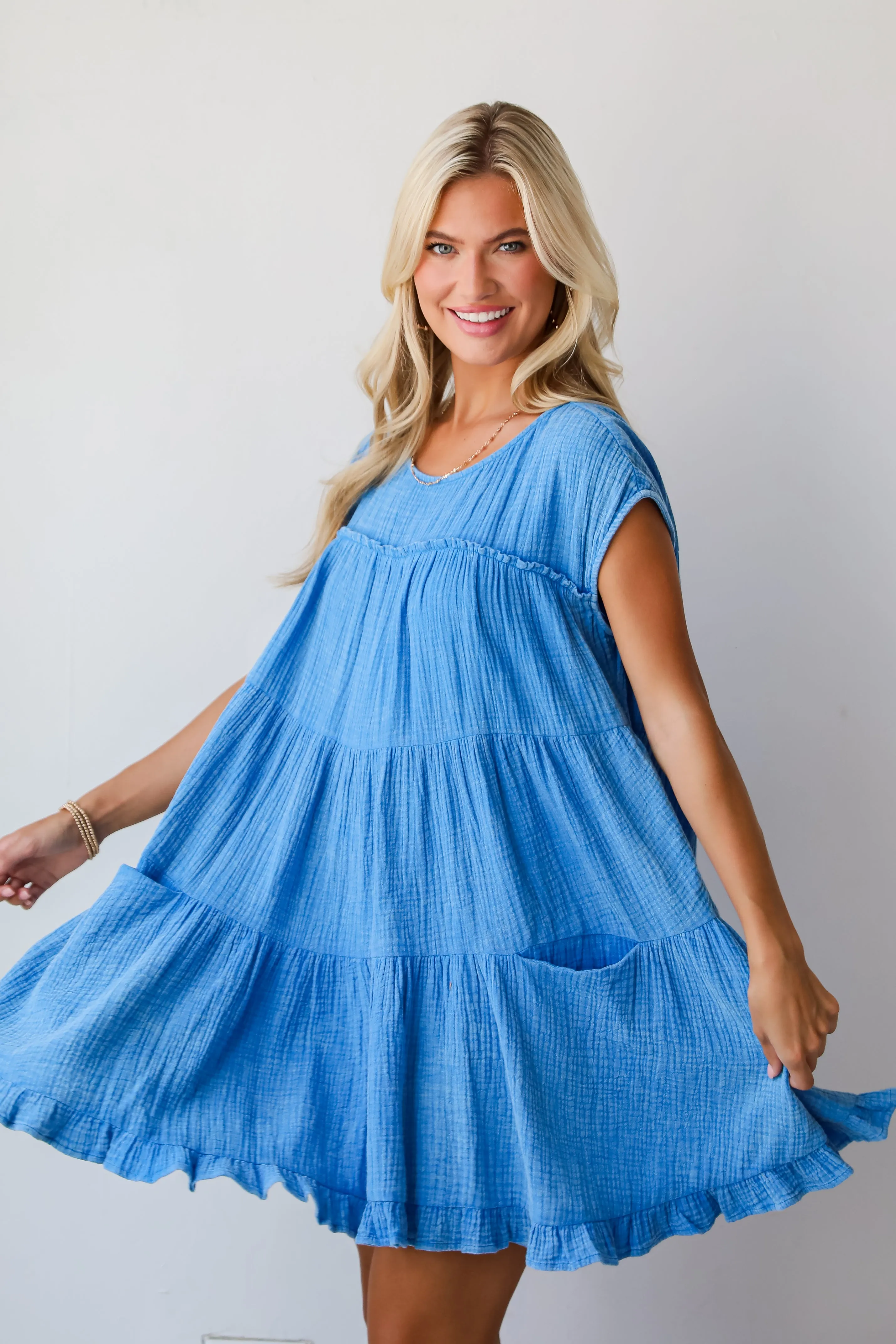 FINAL SALE - Serene Date Blue Linen Tiered Mini Dress